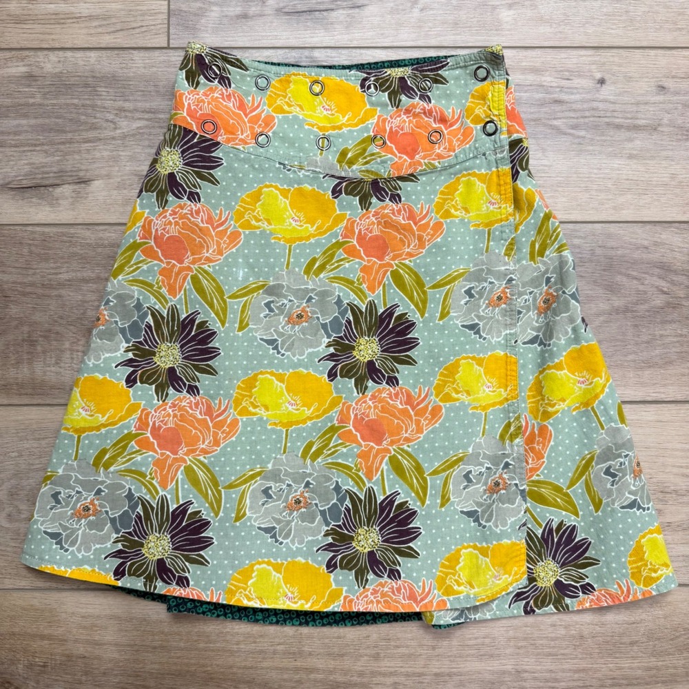 Lingam‎ Reversible Wrap Skirt Floral Geometric Snap Button Green Yellow Mini